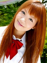 redhead japanese girl Hinano Momosaki in school uniform outdoors