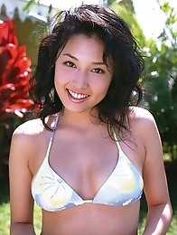 Yoko Mitsuya busty Asian posing outside in her black bikini
