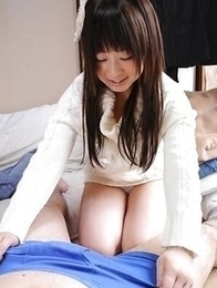 Miku Tamaru in sweater sucks cock so fine and pours cum in her palm.