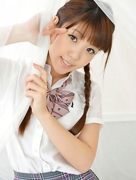 Mizuho Shiraishi with pigtails and uniform sits with ass up